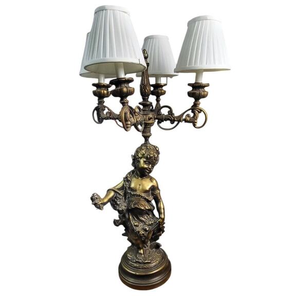 Vintage Metal Cherub Angel Bronze Candelabra Table Lamp White Shades - Picture 1 of 10